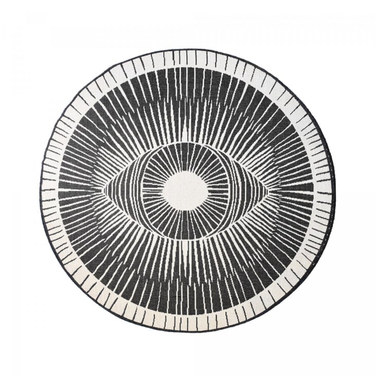 Alfombra redonda de exterior, kilim reversible negro y crema ø160cm Ex1