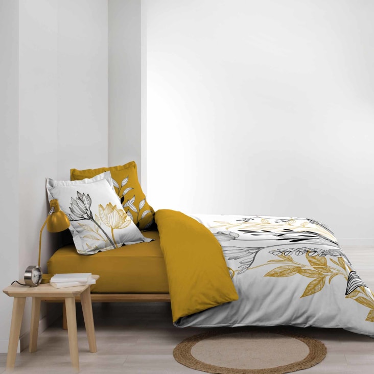 Parure de lit fleurs sur tiges coton jaune 220 x 240-AMELINA cropped-2