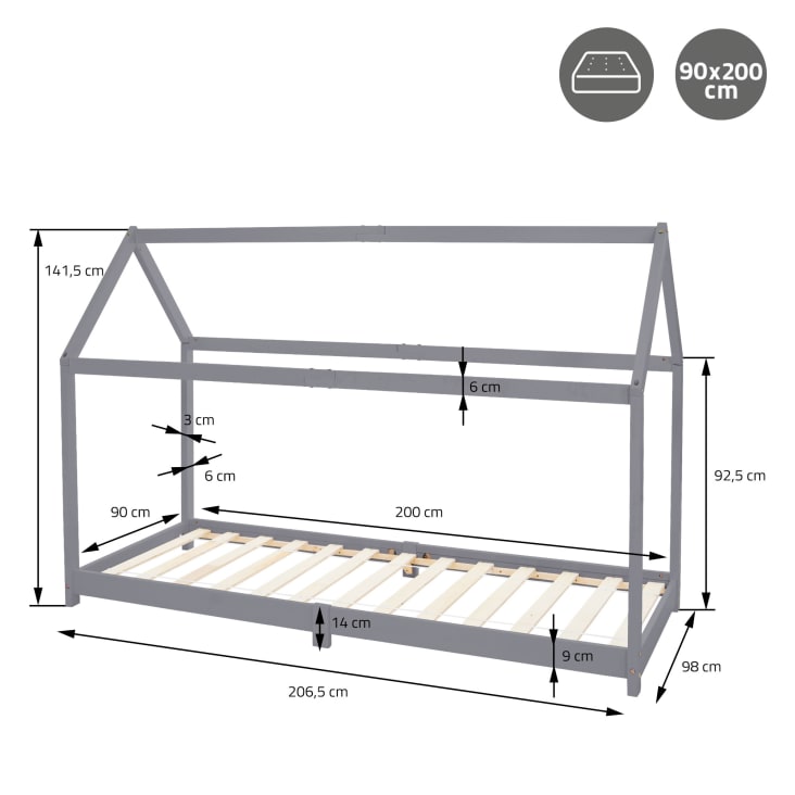 Lettino per bambini forma a casa in legno grigio 200 x 90cm