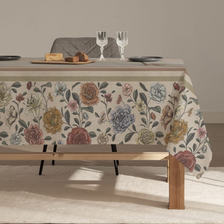 Nappe en lin imprimée taupe avec traitement anti-taches 140x300 cm May ...