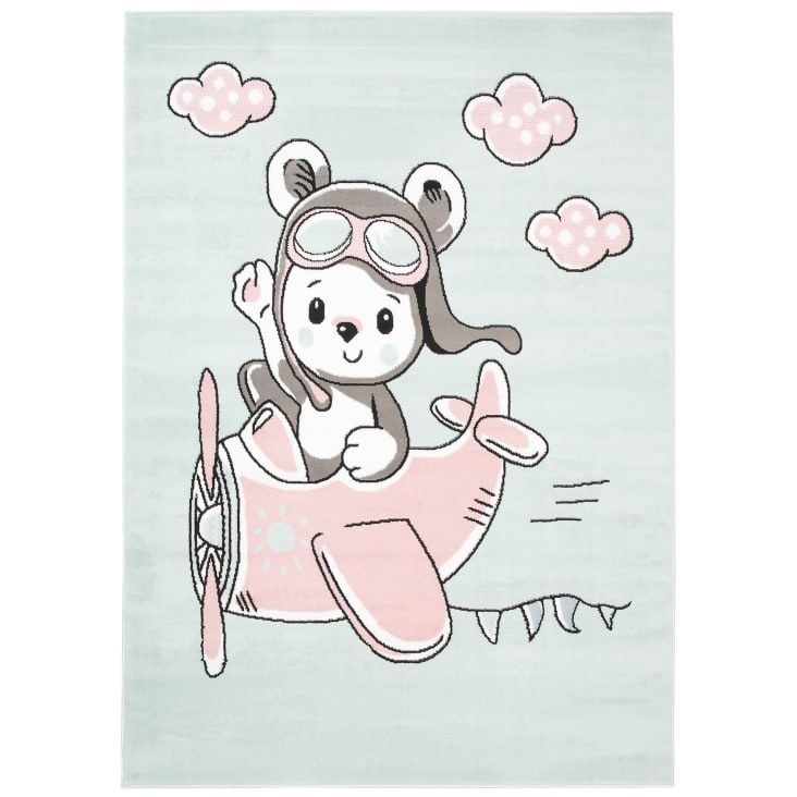 Tappeto Bambini Aereo - Design Mongolfiera - 80x150 Cm - Crema Grigio Blu - Materiale Ipoallergenico - Foto 7