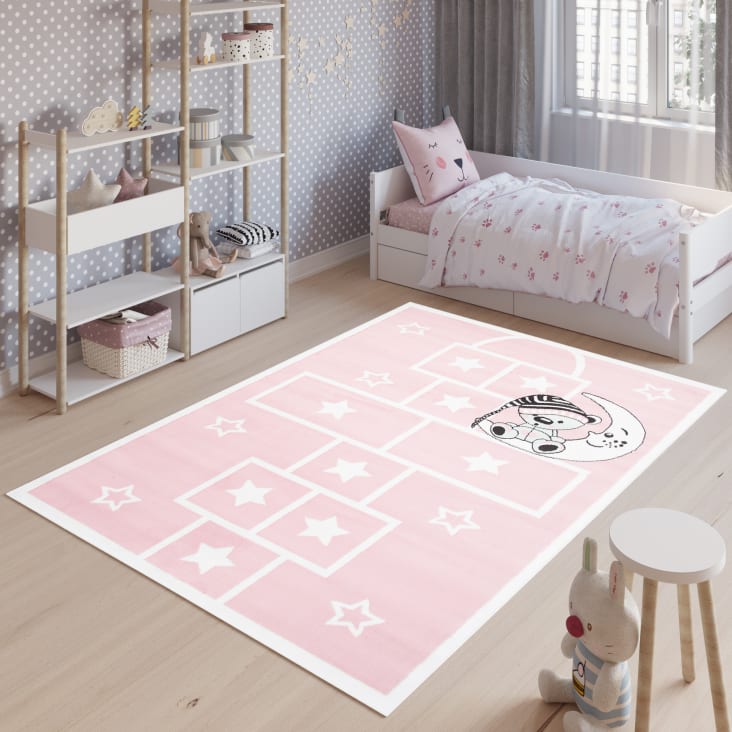 Alfombra para niños rosa blanco rayuela oso estrellas 140 x 200 cm BABY