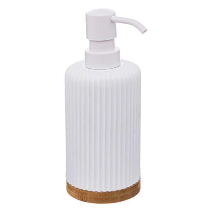 Distributeur à savon strié polyester/bambou blanc 8.5x18 cm