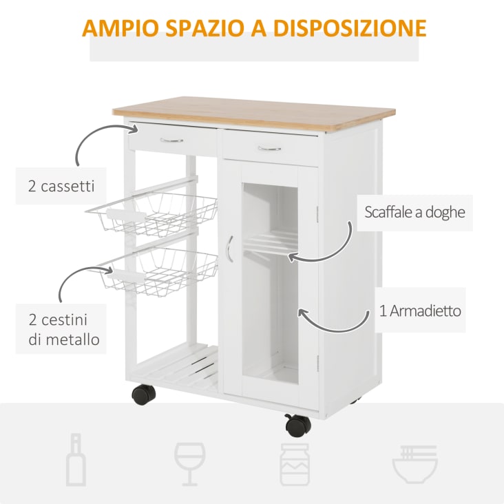 Carrello Cucina Con 2 Cassetti E 2 Ante - Mobile Multiuso Bianco 72x40x84cm Con Ruote - FKW123-WN - Foto 2