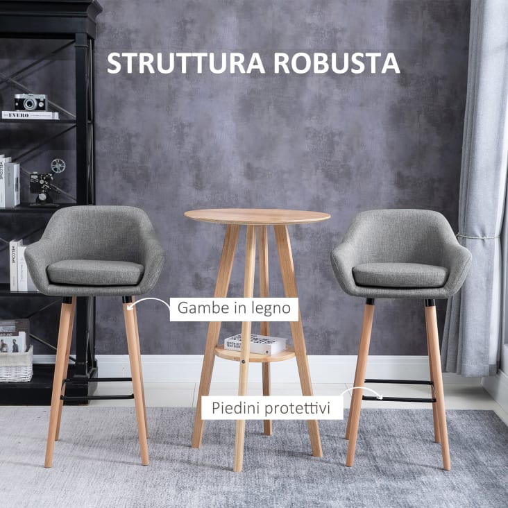 Set 2 Sgabelli Da Bar Con Schienale - Gambe In Legno, Seduta Imbottita Grigio, HOMCOM