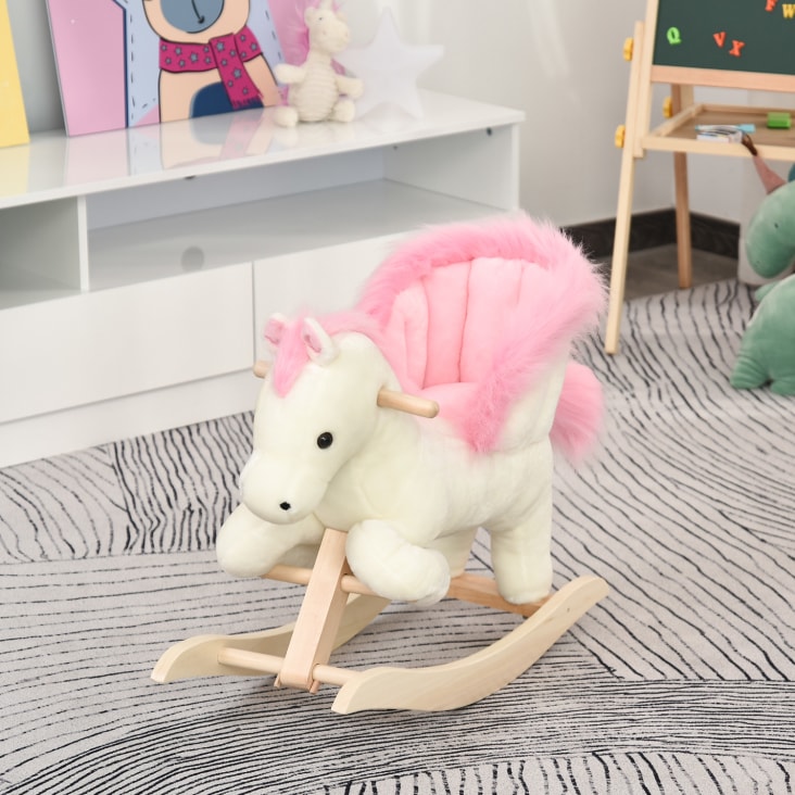 Cavallo a dondolo per bambini con suoni in legno di pioppo rosa bianco
