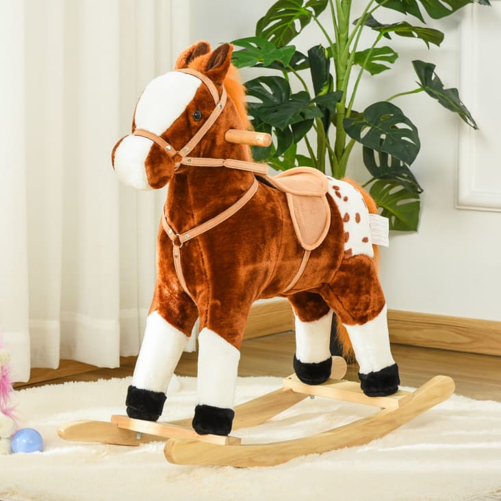 Cavallo a dondolo con suono per i bambini in legno marrone