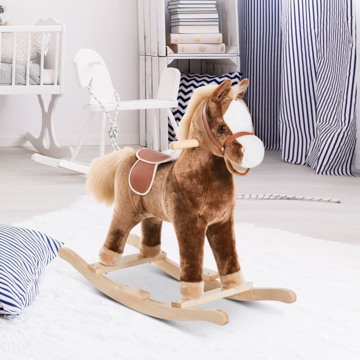 Cavallo a dondolo cavalcabile bambini in legno peluche marrone
