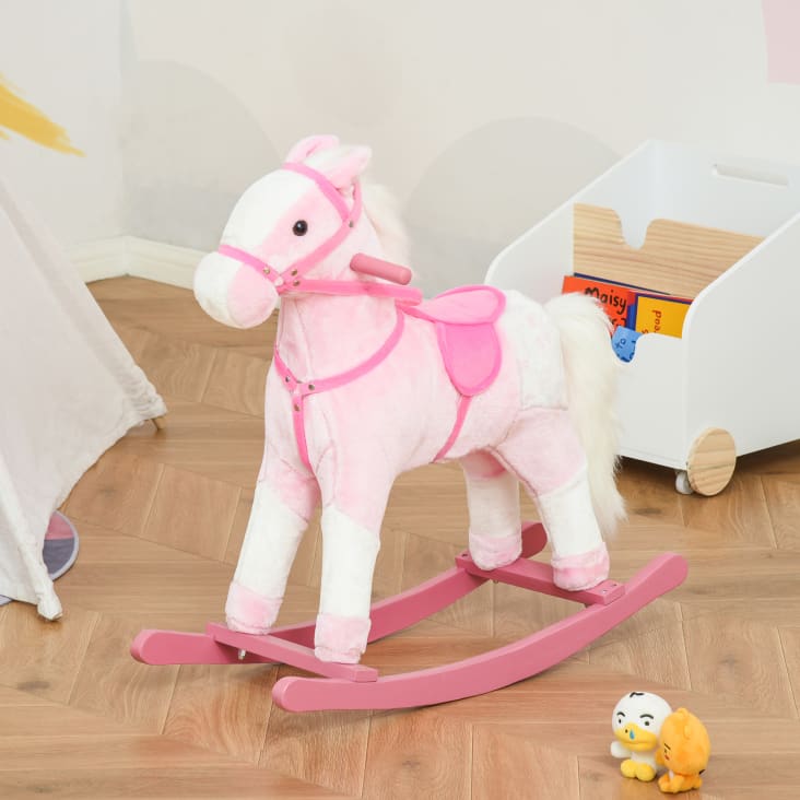 Cavallo a dondolo con suono animale per i bambini in legno rosa