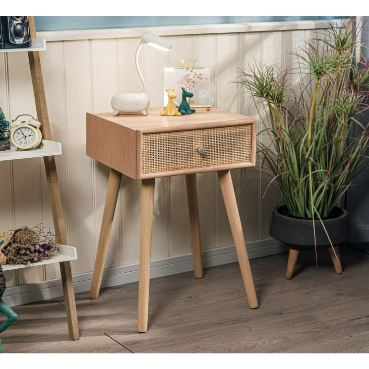 Comodino In Rattan Stile Fattoria 40x30x65 Cm Con Cassetto E Ripiano Aperto – Mobile Boho Per Camera Da Letto