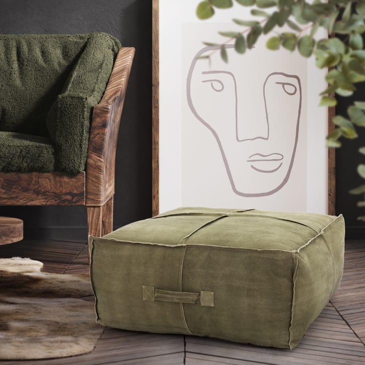 Pouf cuscino quadrato in lino/cotone verde oliva 90x40x90 cm