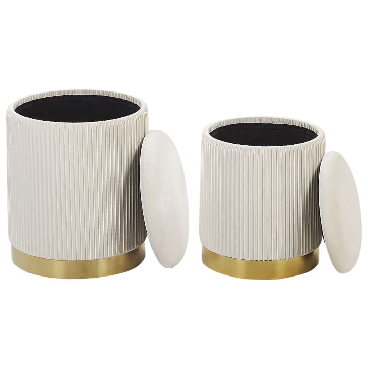 Set De 2 Poufs Rangement En Velours Orange - Design Rétro Glam Avec Assise Rembourrée - Base Dorée