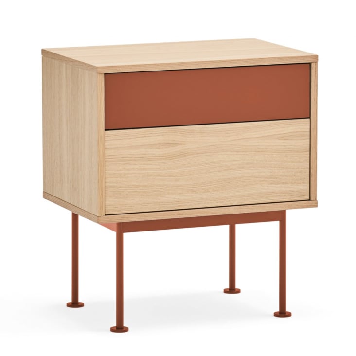 Table de chevet 2 tiroirs en bois et métal rouge brique-Yoko cropped-3