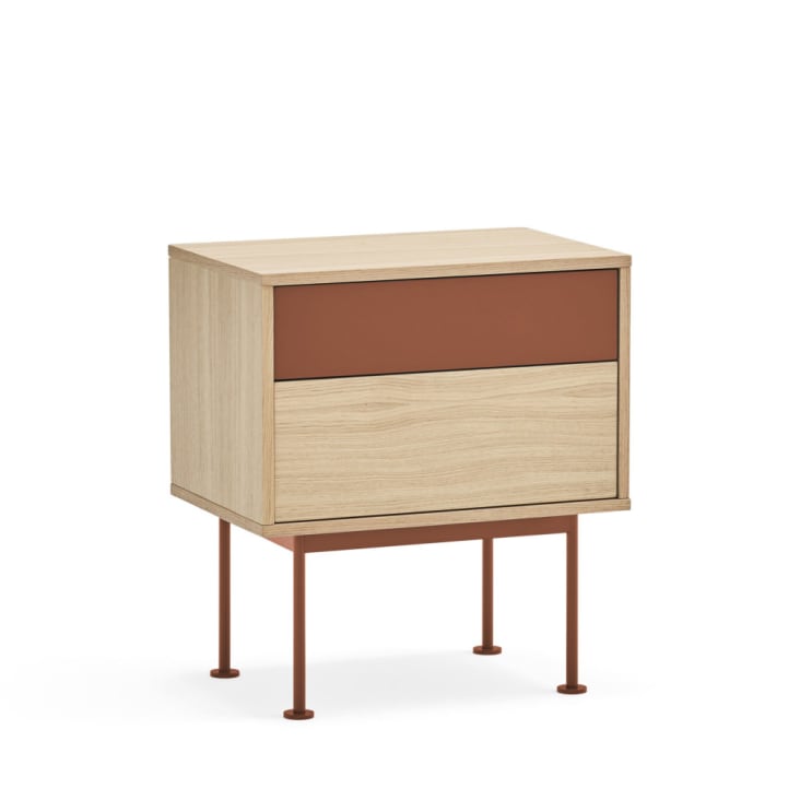 Table de chevet 2 tiroirs en bois et métal rouge brique-Yoko cropped-4