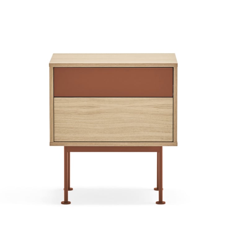 Table de chevet 2 tiroirs en bois et métal rouge brique-Yoko cropped-5