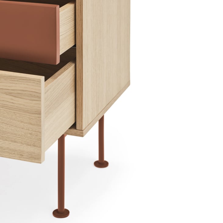 Table de chevet 2 tiroirs en bois et métal rouge brique-Yoko cropped-8