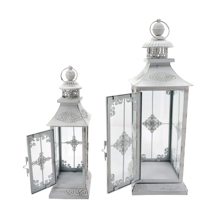 Set 2 lanterne decorative grandi bianco e oro in vetro legno