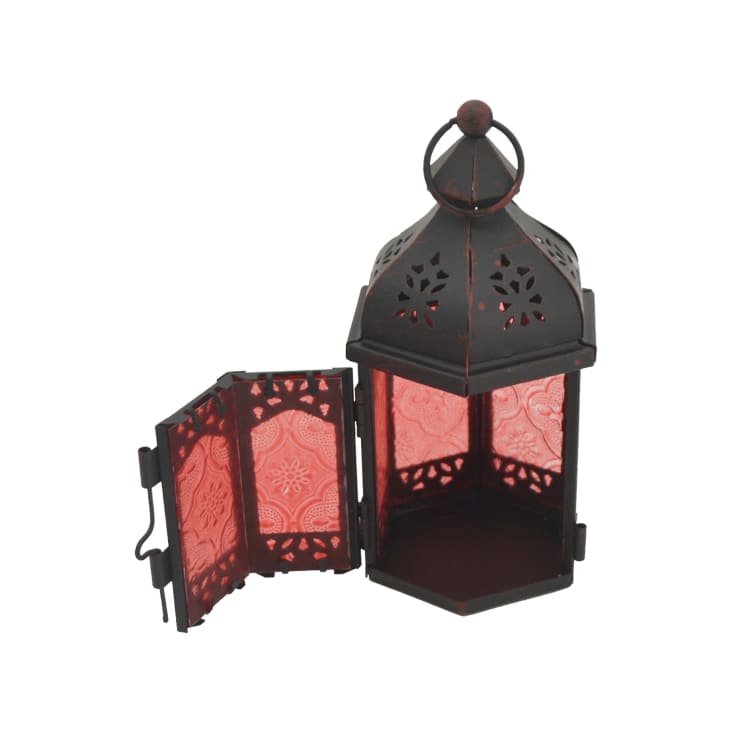 Lanterne ethnique 9x8x17 cm en métal et verre noir et rouge-ETNICO cropped-2