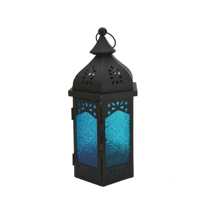 Lanterne ethnique 16x14x32 cm en métal et verre noir et bleu-ETNICO