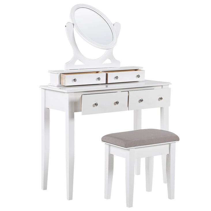Tavolino da toeletta 4 cassetti con specchio ovale e sgabello bianco Lune
