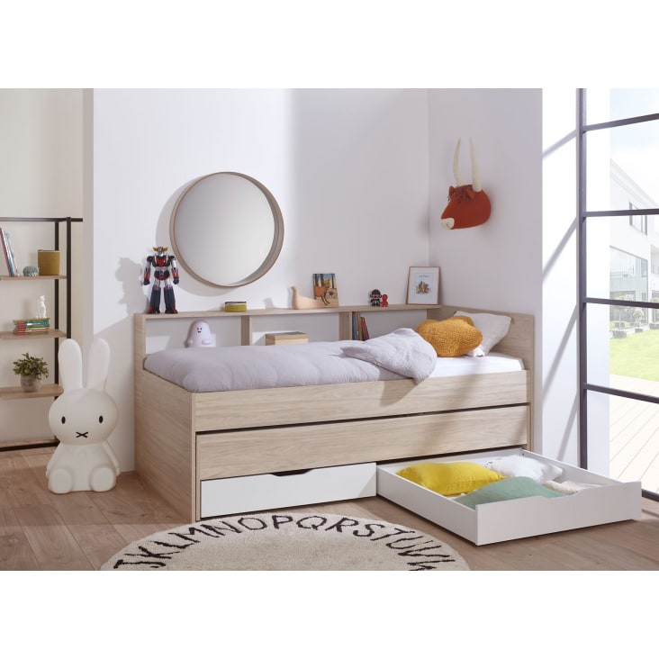 Lit gigogne 90x200 cm + 2 tiroirs de rangement bois et blanc-OSLO cropped-3