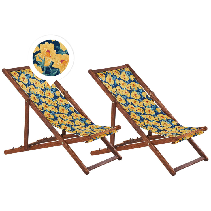Set di 2 sedie a sdraio in legno acacia scuro foglie tropicali blu ANZIO