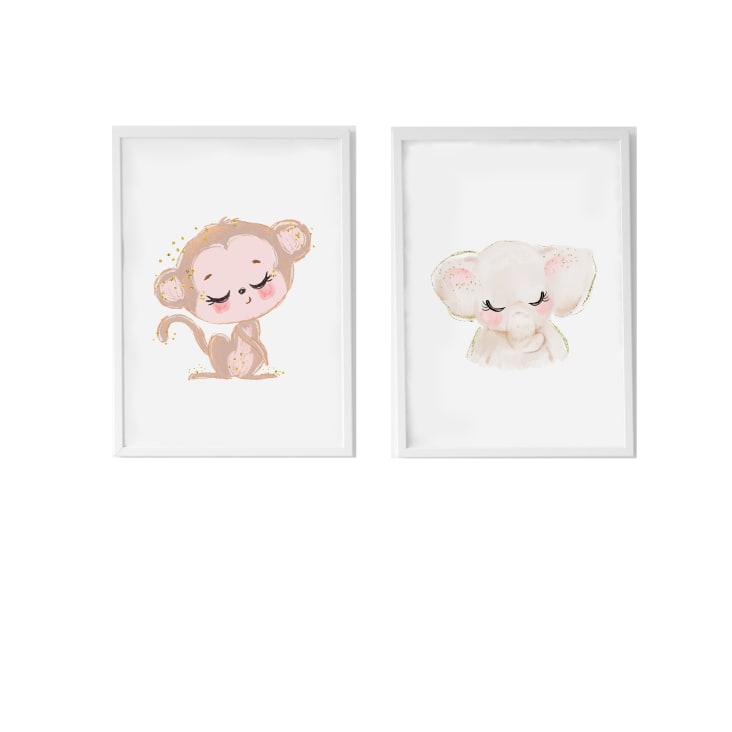 Pack Láminas Monkey and Elephant enmarcada madera blanca 43X33 cm-DECOWALL