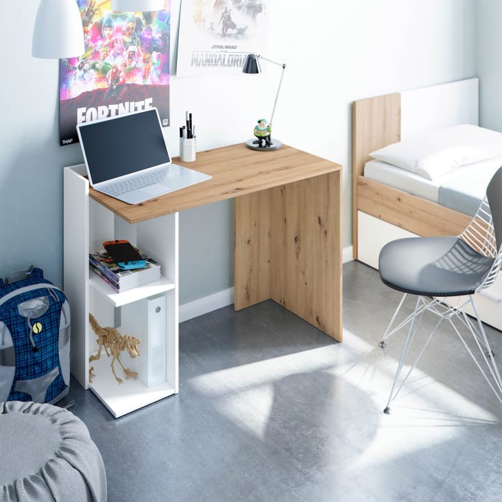 Escritorio esquinero blanco y roble Sonoma, estilo moderno, mesa de  computadora, mesa de trabajo, escritorio de oficina, con 4 cajones, 2  estantes con