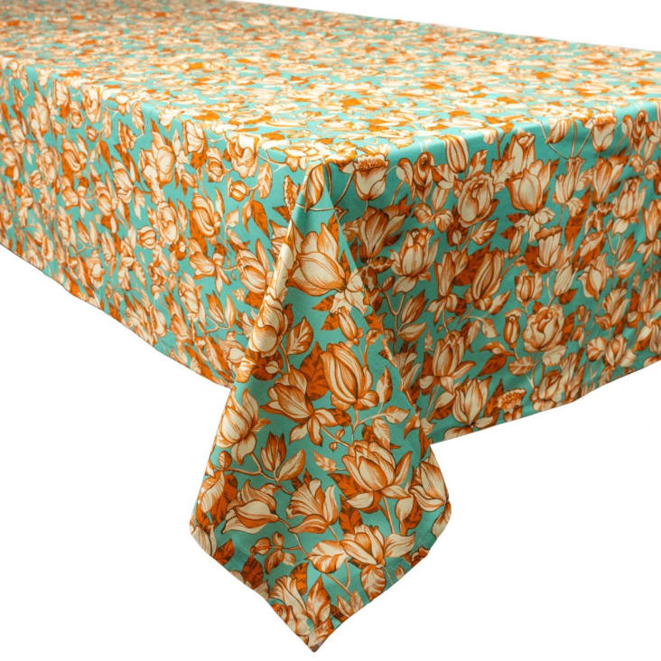 Nappe grand format en coton imprimé fleuri orange 140x235-Aponi cropped-3