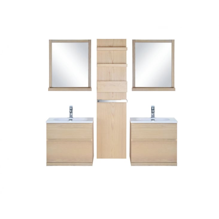 Meubles salle de bain avec vasques, miroirs, colonne effet bois clair-Enio