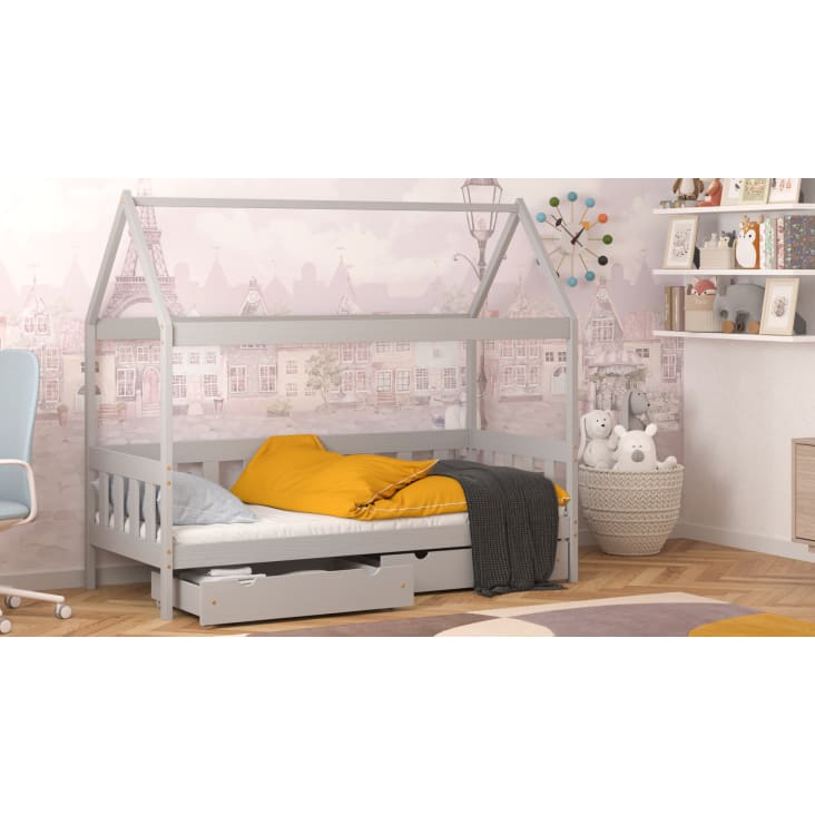 Letto singolo casetta in legno massello di pino 180x80 grigio