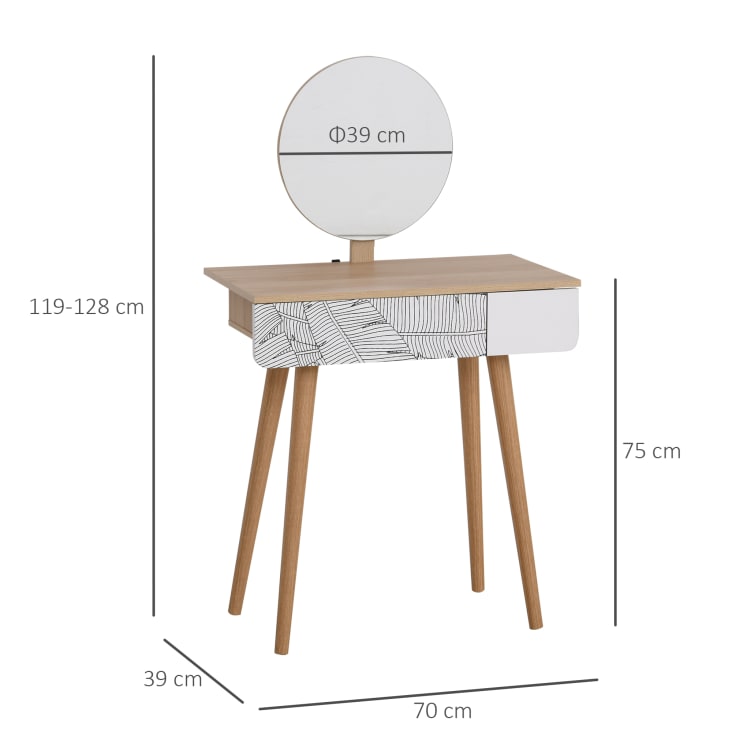 Tavolo da trucco in legno con specchio e cassetto bianco e rovere-Homcom cropped-3