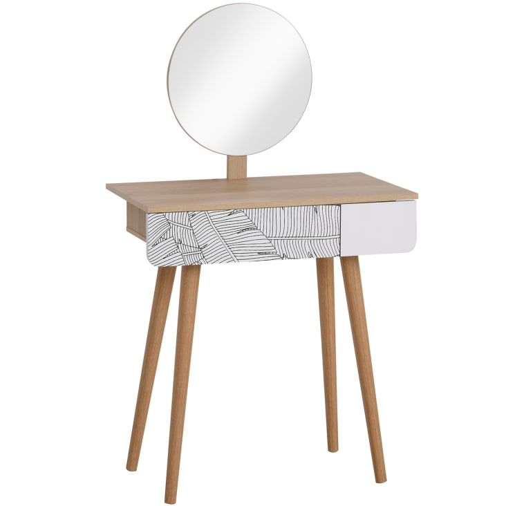 Tavolo da trucco in legno con specchio e cassetto bianco e rovere