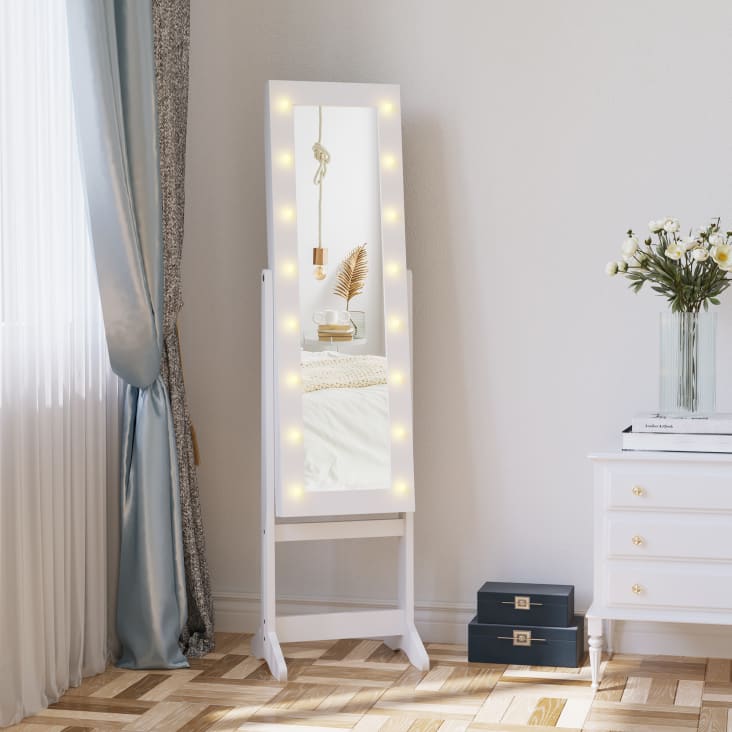 Armadio portagioie specchio regolabile e luci led legno bianco