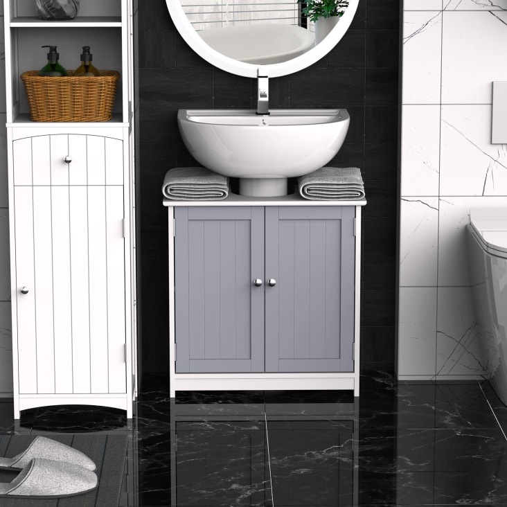 Armadietto Bagno Mobiletto Sottolavandino Con Intaglio A U - 6 Ripiani In Legno - 60x30x68cm Bianco/Grigio Mobile Sottolavandino Compatto