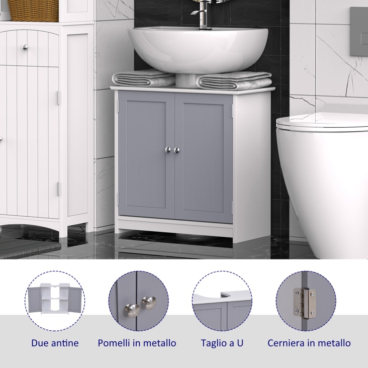 Mobiletto Bagno Sottolavabo Kleankin - 2 Ante, Grigio, 60x30x60 Cm Con Mensola Regolabile - Foto 2
