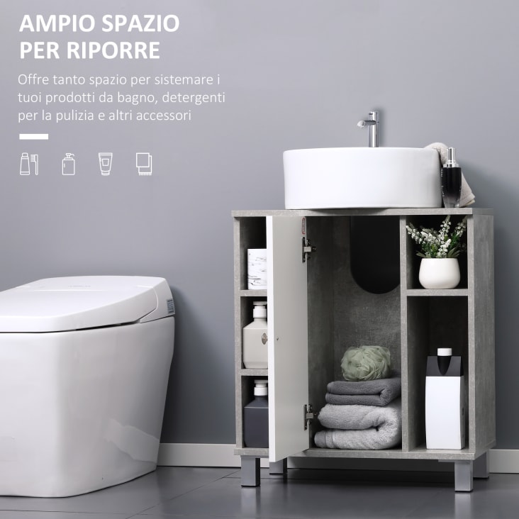 Set Mobili Bagno Kleankin 4 Pezzi - Lavabo 60cm, Mobiletto, Colonna E Specchiera | Design Sospeso In Legno Grigio - Foto 2