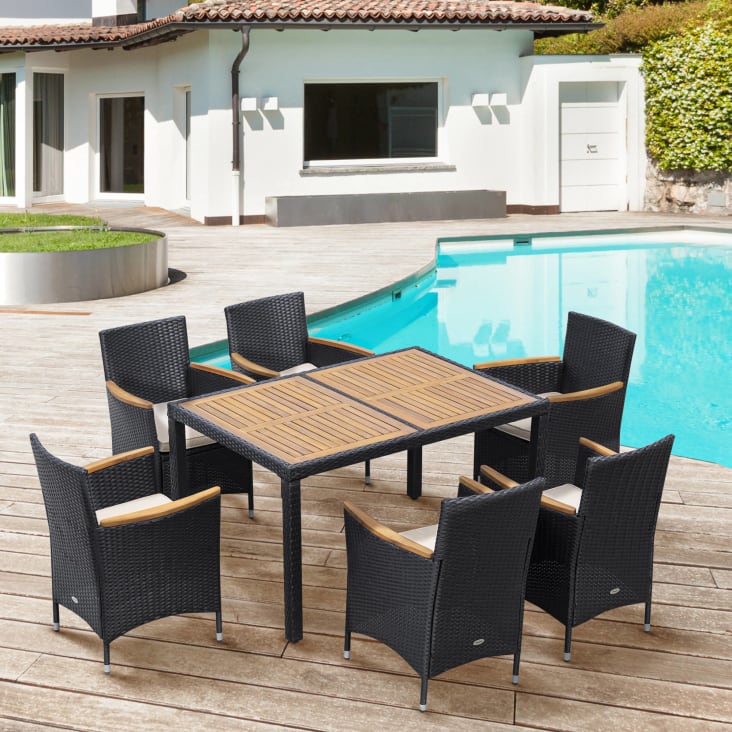 Set tavolo e sedie da giardino 7 pezzi in pe rattan e legno nero