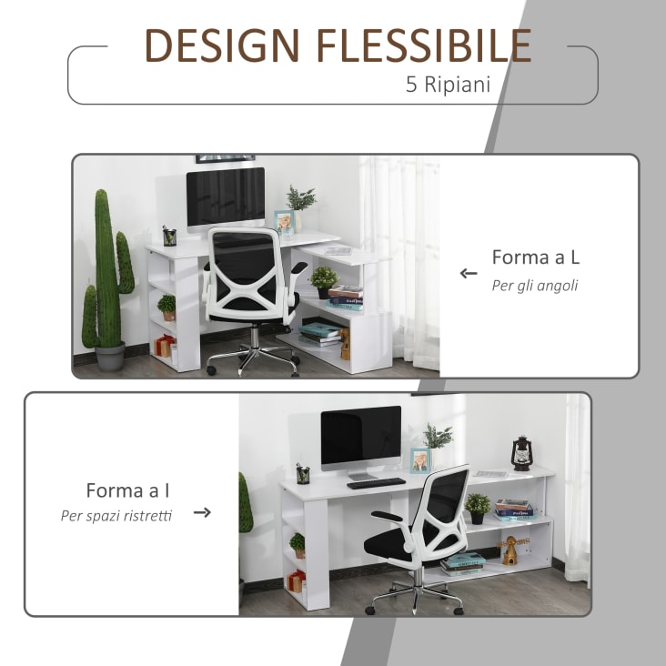 Scrivania Ad Angolo A L Con Scaffale Girevole - Bianco 157x45x130.5cm - Per Ufficio E Studio - Foto 4