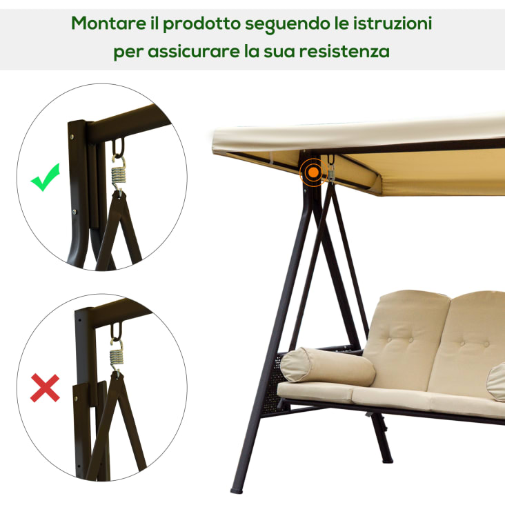 Dondolo da giardino 3 posti con tetto inclinabile in metallo beige Outsunny