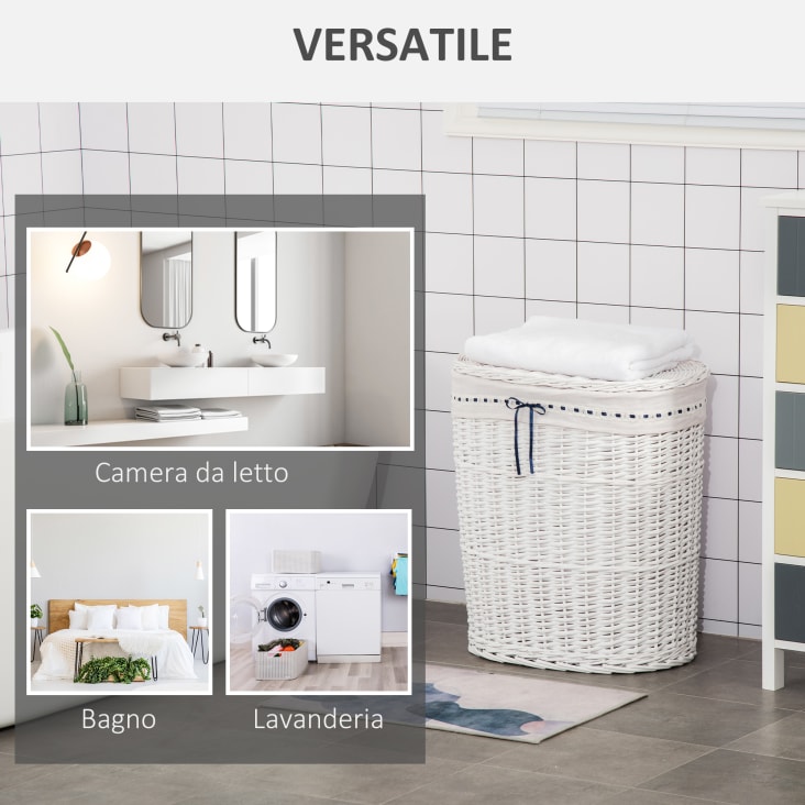 Cesto Portabiancheria In Vimini Con Ruote - Bianco Grigio, Con Fodera, Per Camera, Bagno O Cucina - Foto 5