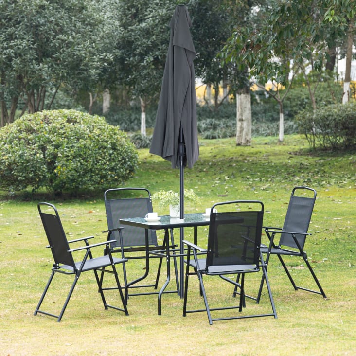 Set mobili da esterno 5pz salotto con foro per ombrellone metallo nero