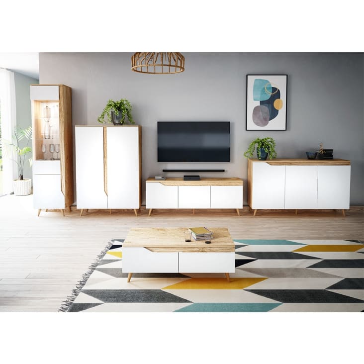 Credenza bassa scandinava a 3 ante L140 cm Effetto bianco e legno
