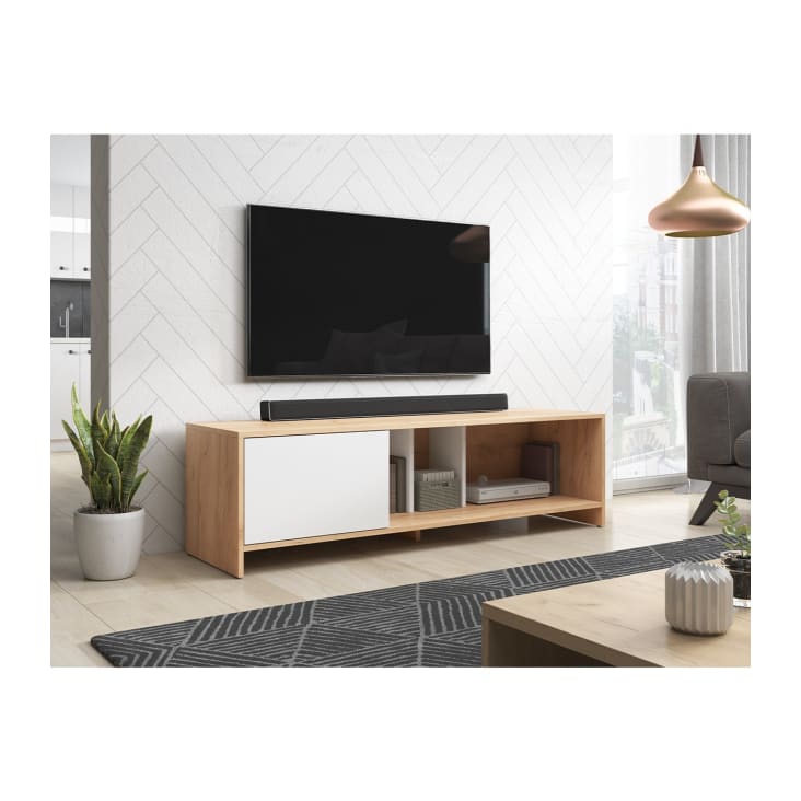Mueble de tv 1 puerta 140 cm - acabado madera clara y blanco Sue