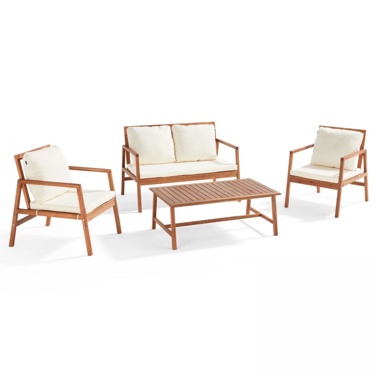Salon de jardin bois avec 1 canapé, 2 fauteuils et table basse blanc-Collioure