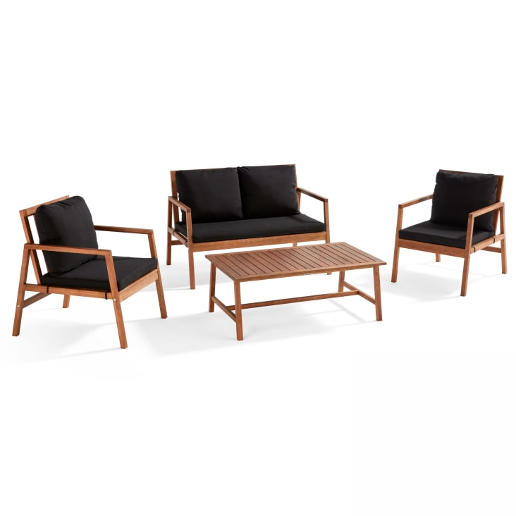 Salon de jardin bois avec 1 canapé, 2 fauteuils et table basse noir-Collioure