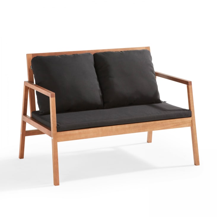 Salon de jardin bois avec 1 canapé, 2 fauteuils et table basse noir-Collioure cropped-2