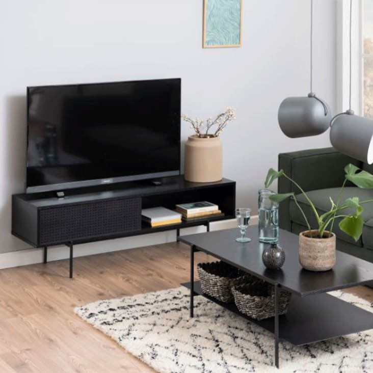 Ensemble TV design noir et bois avec rangements et étagère