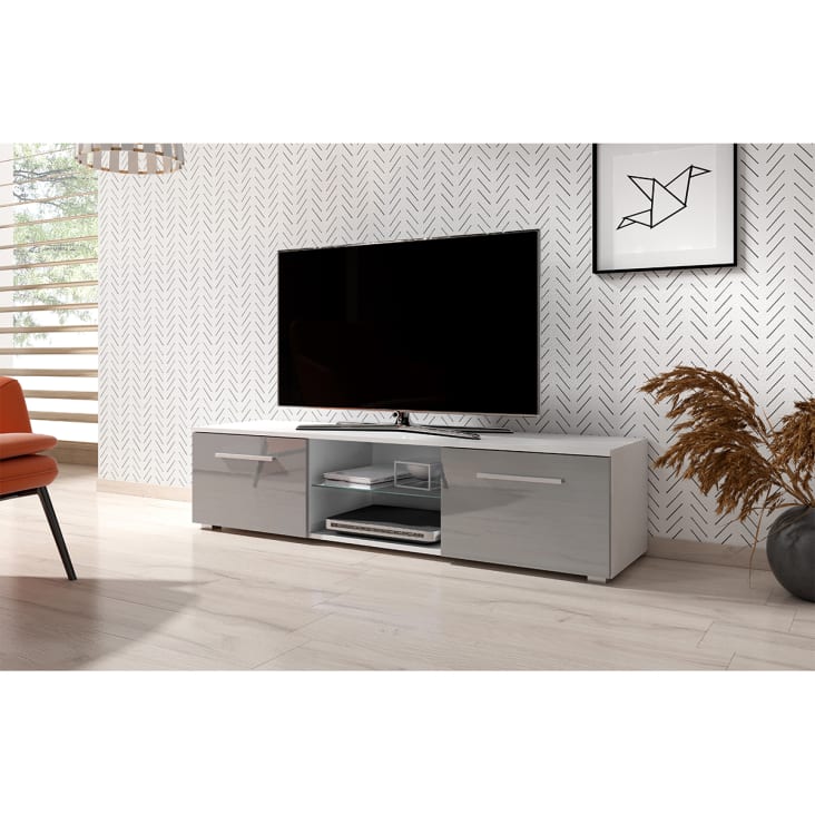 Meuble tv mural 2 tiroirs 140 cm avec led blanc et gris
