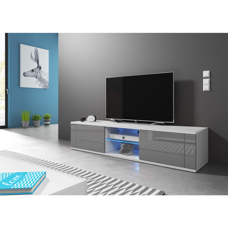 Meuble tv 2 portes 140 cm avec led blanc et gris cropped-2